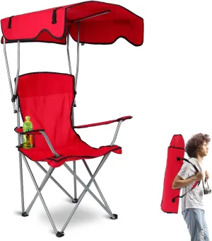 Camping Chair with Canopy, Outdoor Folding Chair with Adjustable Shade & Cup Holder, Heavy Duty Beach Chair for Adult Portable Camping Recliner Support 330 LBS