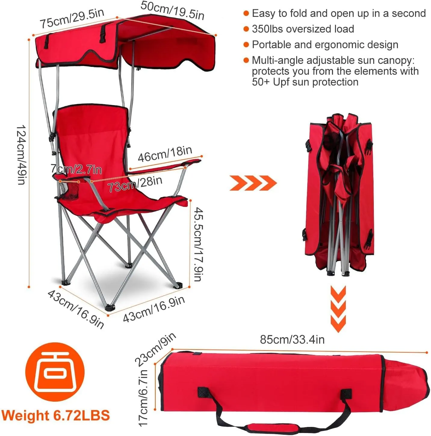 Camping Chair with Canopy, Outdoor Folding Lounge Chair with Adjustable UPF 50  Sun Shade & Cup Holder, Portable Camping Recliner for Camp Beach Outdoor Sports, 350LB Max Support - U.S Spot