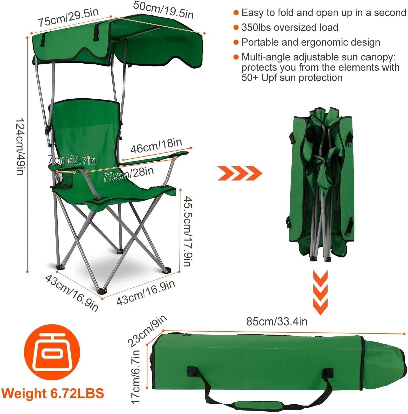 Camping Chair with Canopy, Outdoor Folding Lounge Chair with Adjustable UPF 50  Sun Shade & Cup Holder, Portable Camping Recliner for Camp Beach Outdoor Sports, 350LB Max Support - U.S Spot