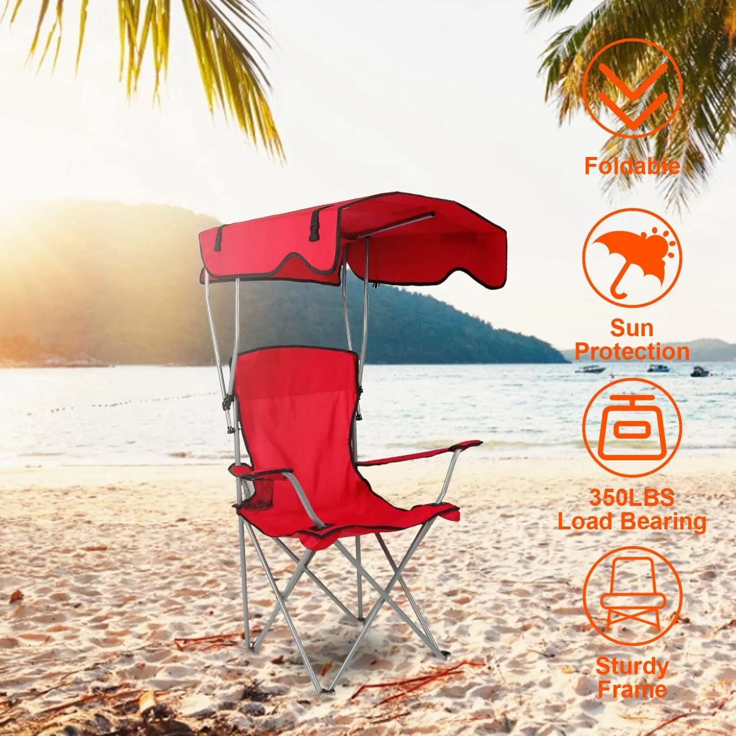 Camping Chair with Canopy, Outdoor Folding Lounge Chair with Adjustable UPF 50  Sun Shade & Cup Holder, Portable Camping Recliner for Camp Beach Outdoor Sports, 350LB Max Support - U.S Spot