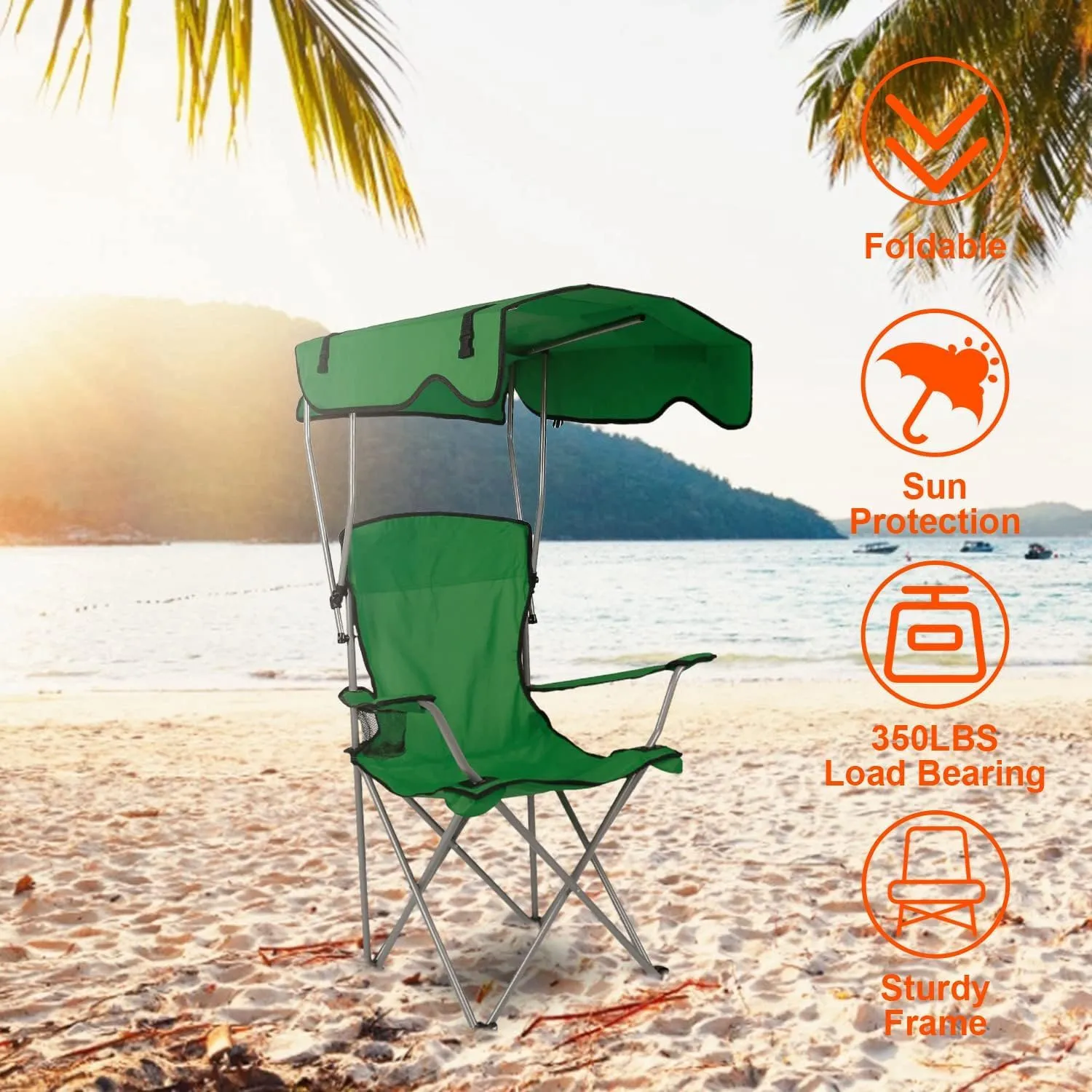 Camping Chair with Canopy, Outdoor Folding Lounge Chair with Adjustable UPF 50  Sun Shade & Cup Holder, Portable Camping Recliner for Camp Beach Outdoor Sports, 350LB Max Support - U.S Spot