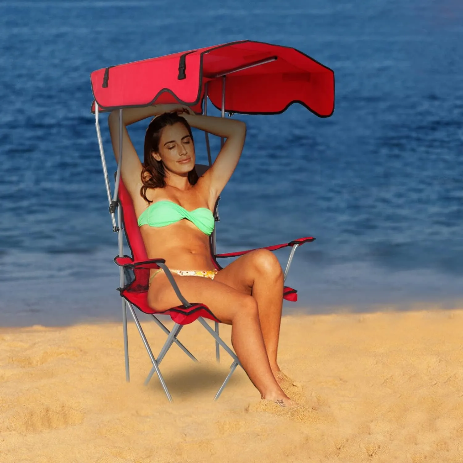 Camping Chair with Canopy, Outdoor Folding Lounge Chair with Adjustable UPF 50  Sun Shade & Cup Holder, Portable Camping Recliner for Camp Beach Outdoor Sports, 350LB Max Support - U.S Spot