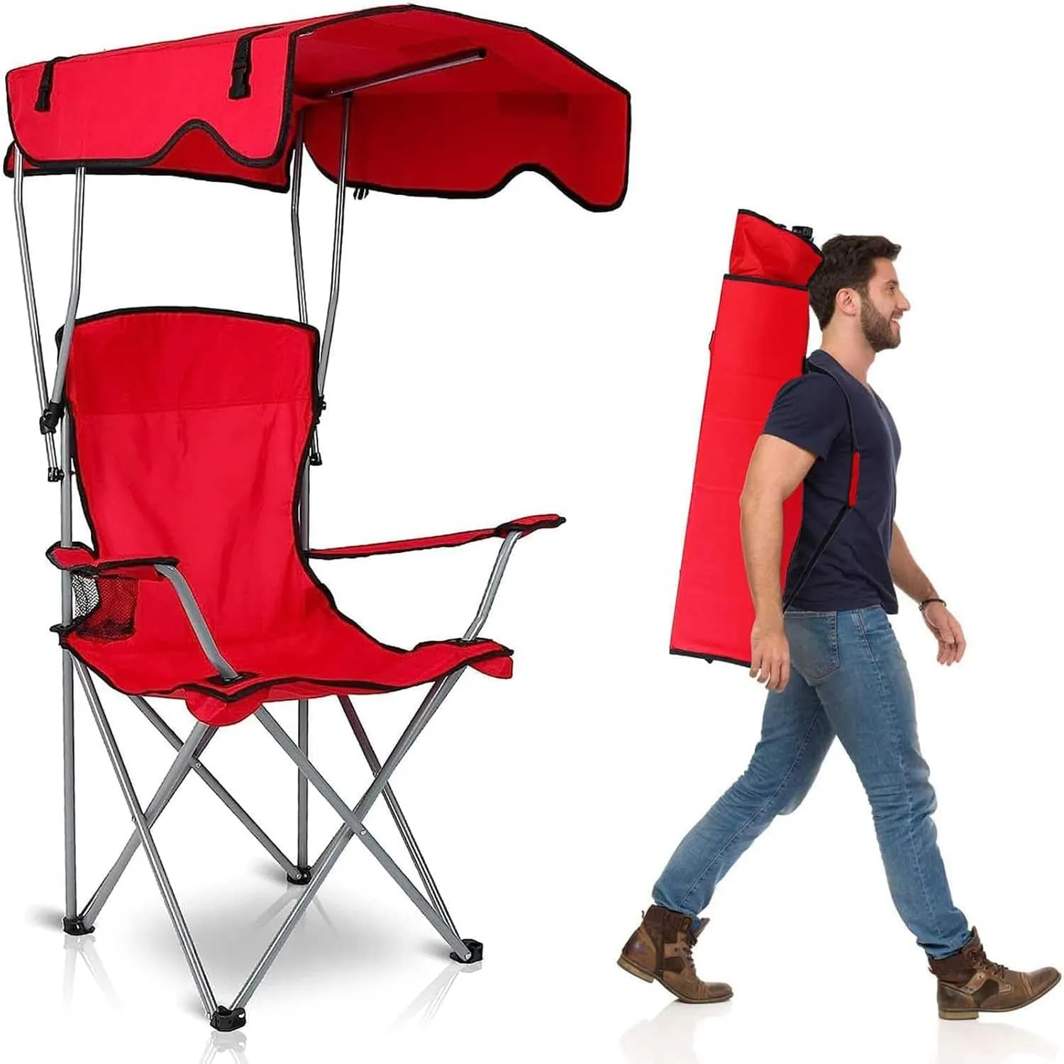 Camping Chair with Canopy, Outdoor Folding Lounge Chair with Adjustable UPF 50  Sun Shade & Cup Holder, Portable Camping Recliner for Camp Beach Outdoor Sports, 350LB Max Support - U.S Spot