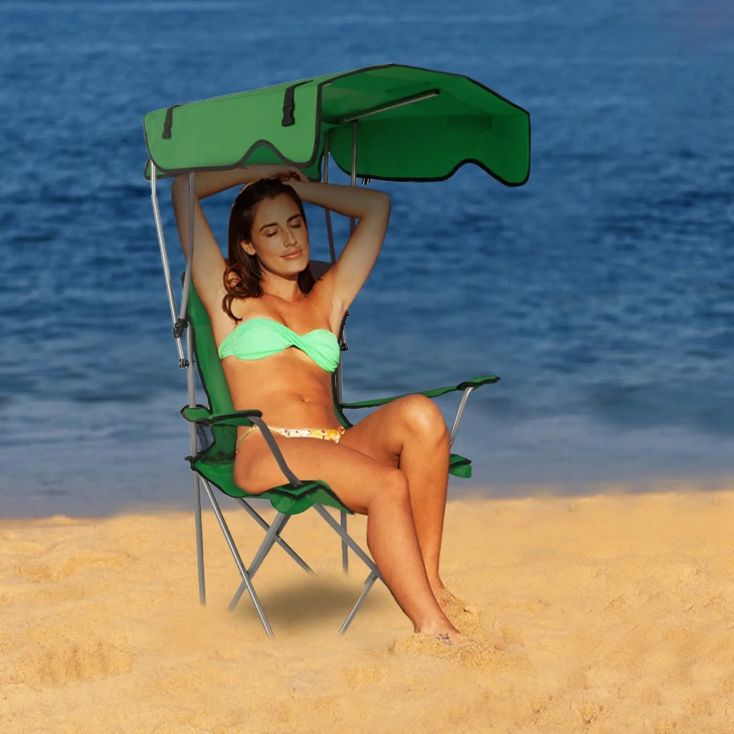 Camping Chair with Canopy, Outdoor Folding Lounge Chair with Adjustable UPF 50  Sun Shade & Cup Holder, Portable Camping Recliner for Camp Beach Outdoor Sports, 350LB Max Support - U.S Spot