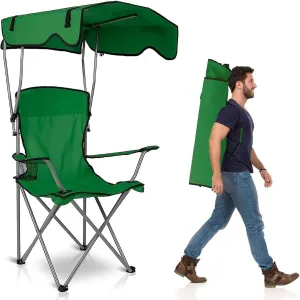 Camping Chair with Canopy, Outdoor Folding Lounge Chair with Adjustable UPF 50  Sun Shade & Cup Holder, Portable Camping Recliner for Camp Beach Outdoor Sports, 350LB Max Support - U.S Spot