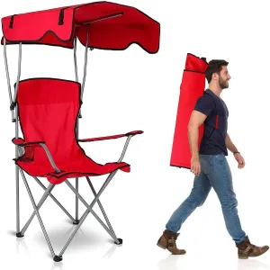 Camping Chair with Canopy, Outdoor Folding Lounge Chair with Adjustable UPF 50  Sun Shade & Cup Holder, Portable Camping Recliner for Camp Beach Outdoor Sports, 350LB Max Support - U.S Spot