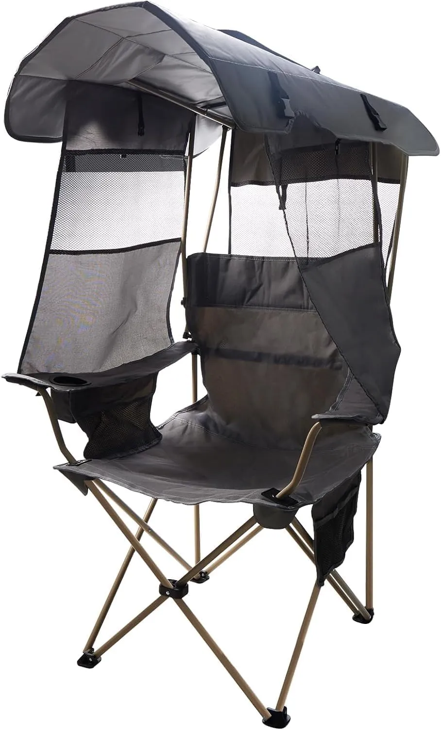Camping Chair with Canopy Shade,Portable Folding Chair with UPF 50  Sun Shade,Cup Holder,Side Pocket,Soccer Chair Adults for Camp,Beach,Outdoor Sports-Support 330 LBS Grey