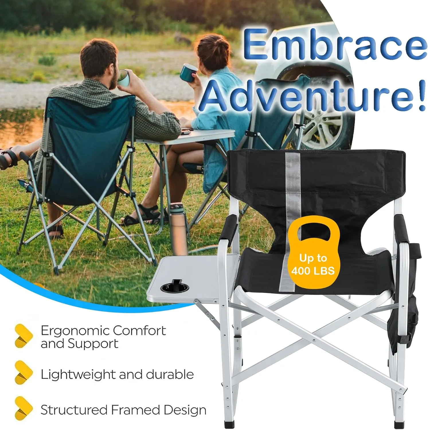 Camping Chairs with Table, Light Weight Camping Chairs for Adults, Aluminum Folding with Storage Pockets Oversized Camping Chair for Outdoor, Picnics, Fishing (2, Grenn)