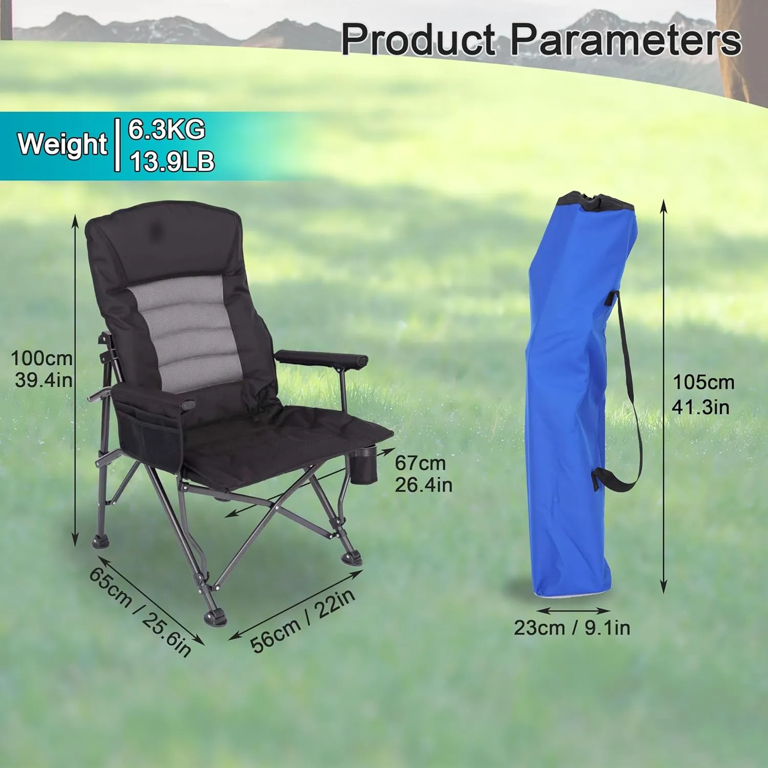 Camping Chairs,Adjustable Backrest Chair,Oversized Lawn Chair Supports 350lbs,Out Door Folding Chairs with Side Pockets and Cup Holder,Ideal for Beach,Fishing,Camping,Patio Relaxation