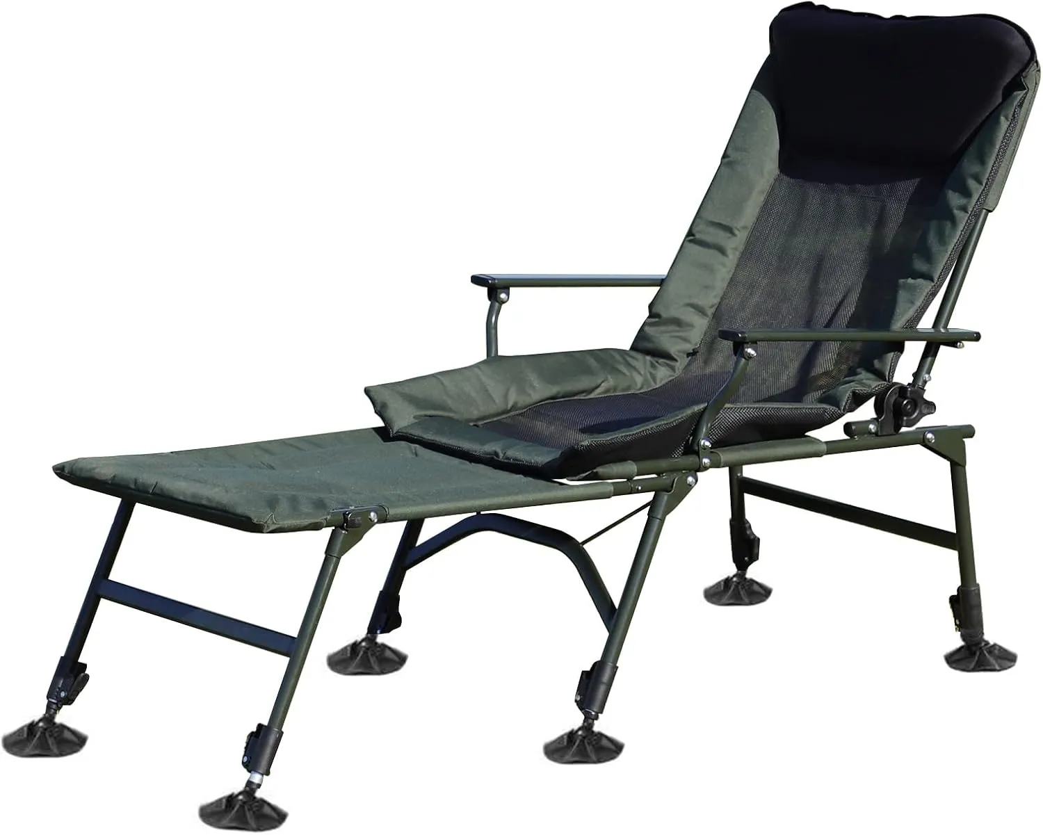 Camping Lounge Chair with Adjustable backrest Recline & Ventilated Design, 330lbs Capacity Portable Folding Chair, Oxford Fabric & Steel Frame (Green/Black Detachable Footrest)
