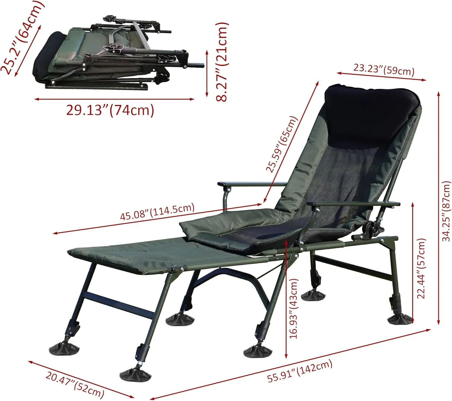 Camping Lounge Chair with Adjustable backrest Recline & Ventilated Design, 330lbs Capacity Portable Folding Chair, Oxford Fabric & Steel Frame (Green/Black Detachable Footrest)