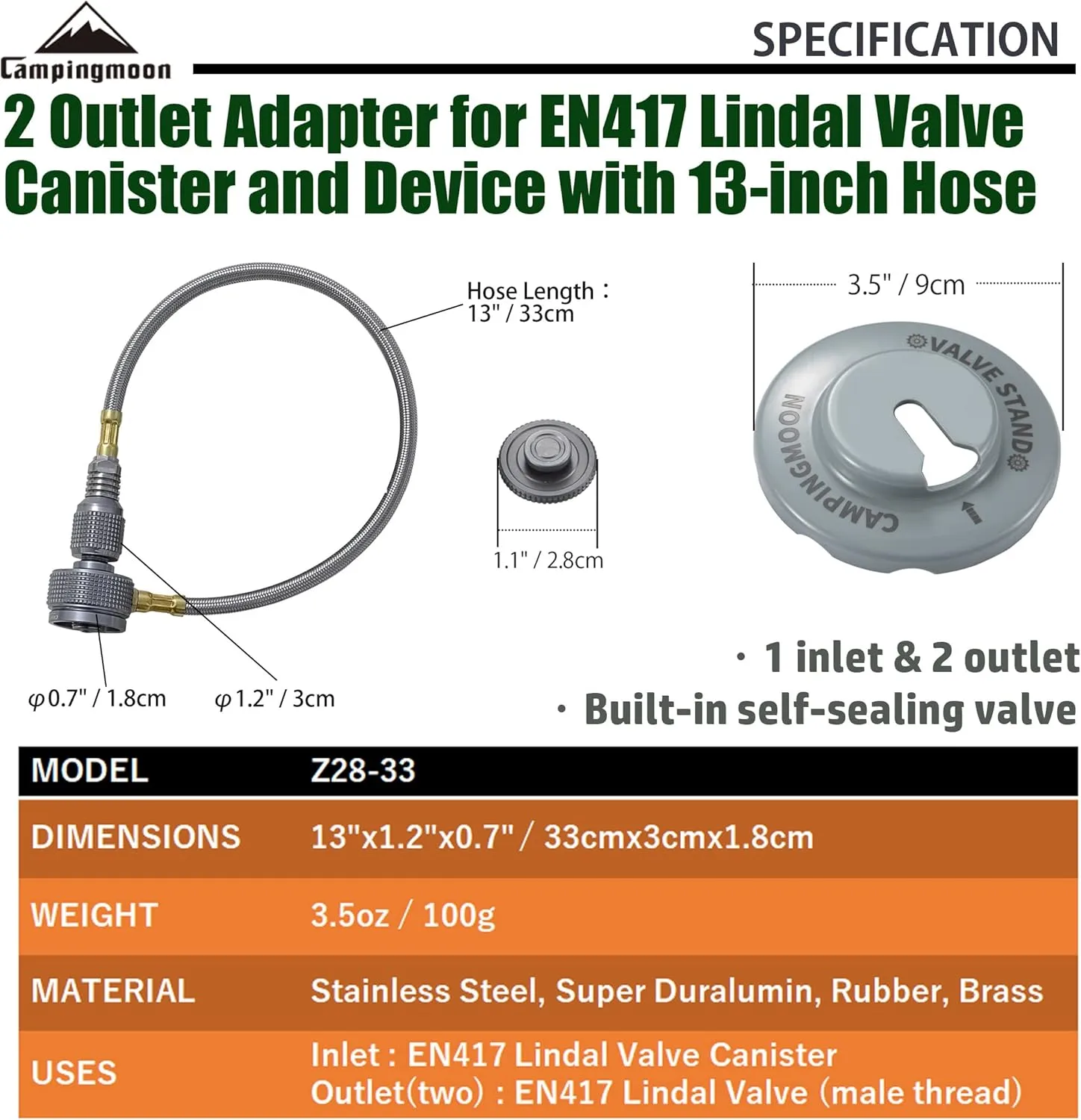 camping moon CAMPINGMOON 2 Outlet Adapter for EN417 Lindal Valve Canister & Device