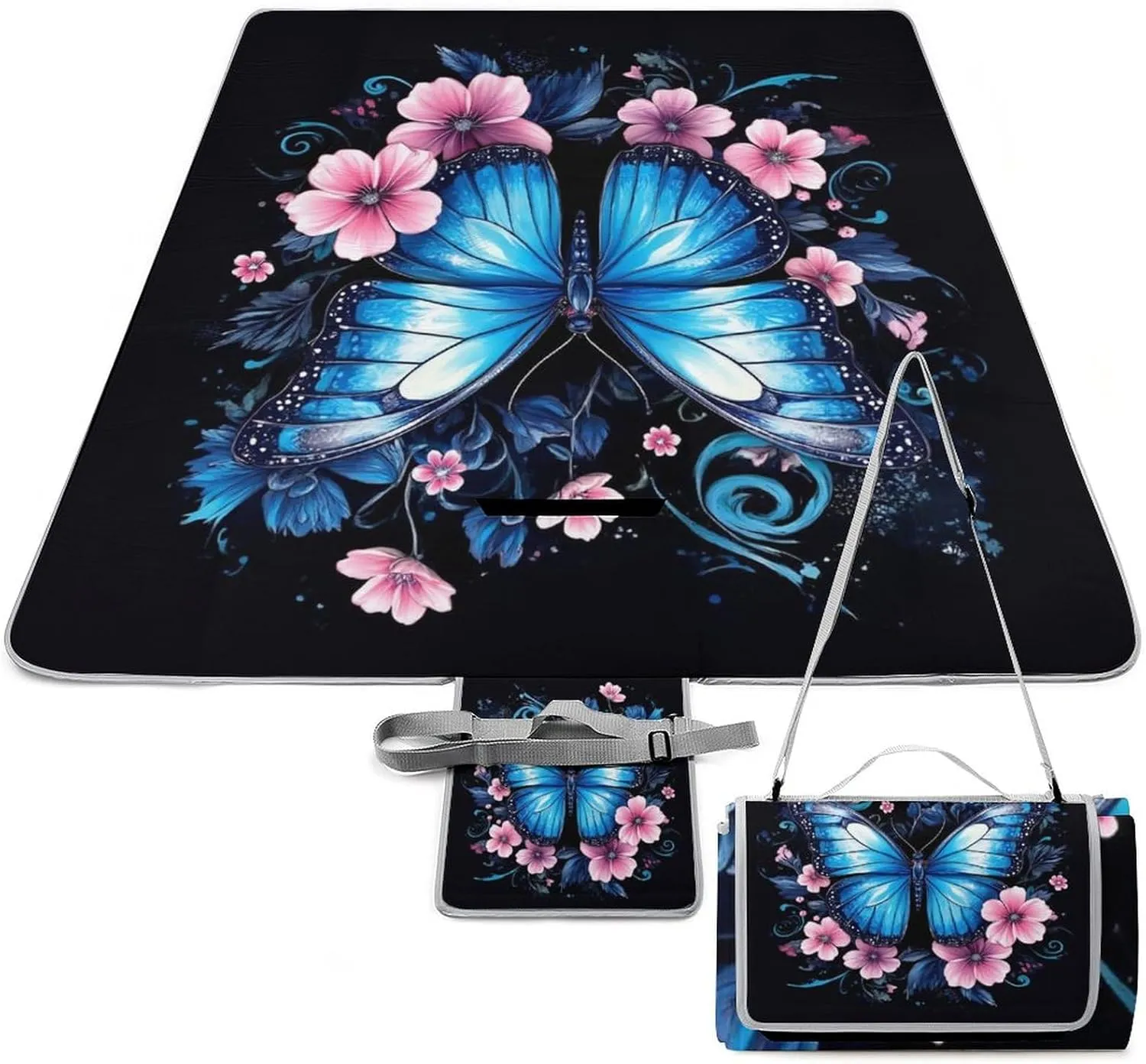 Camping Outdoor Foldable Blanket, Lightweight Blue Butterfly Picnic Mat for Park Travel Grass Beach Camping Accessories