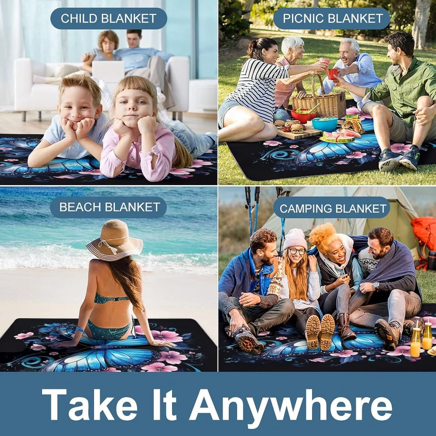 Camping Outdoor Foldable Blanket, Lightweight Blue Butterfly Picnic Mat for Park Travel Grass Beach Camping Accessories