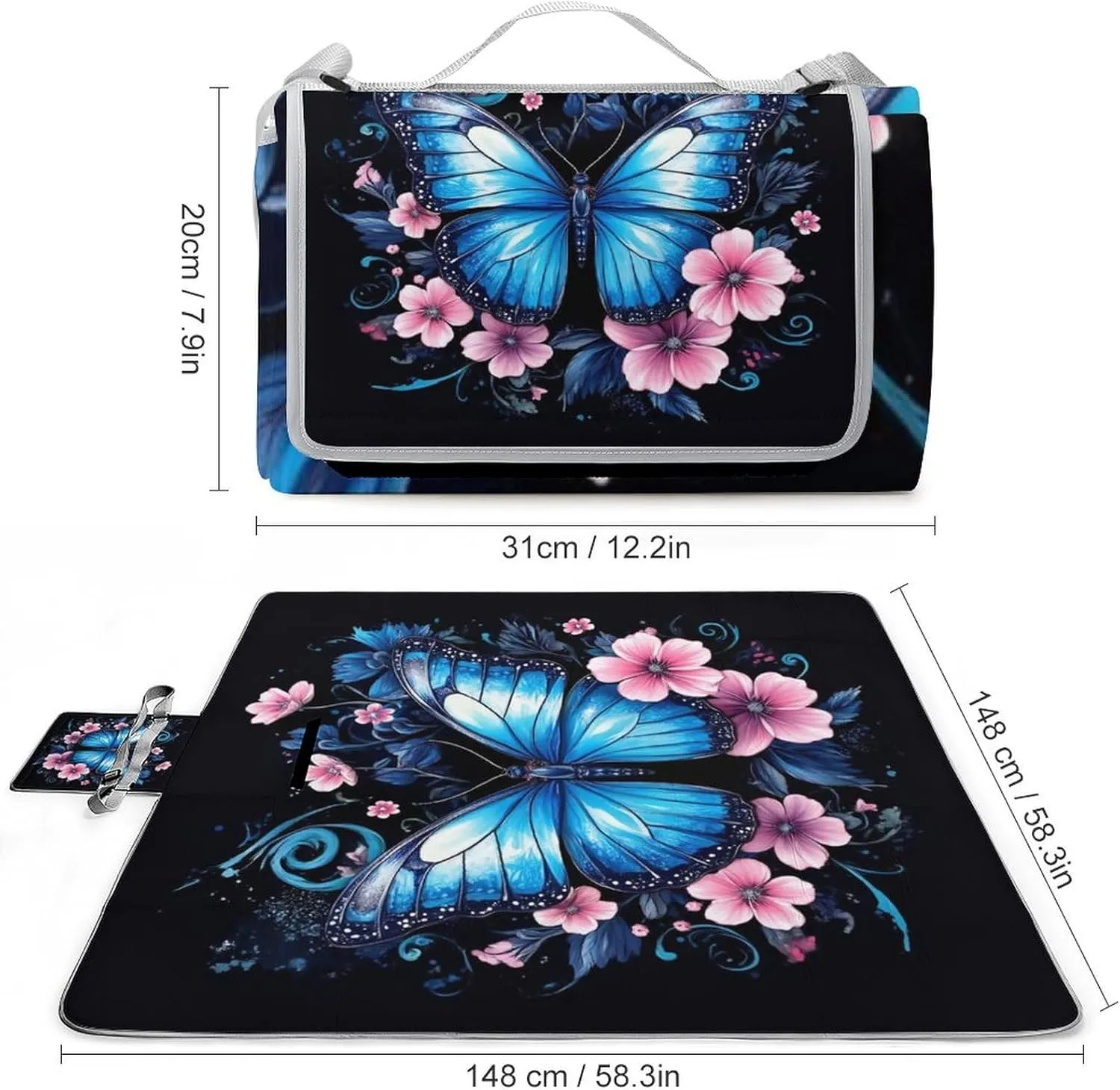 Camping Outdoor Foldable Blanket, Lightweight Blue Butterfly Picnic Mat for Park Travel Grass Beach Camping Accessories