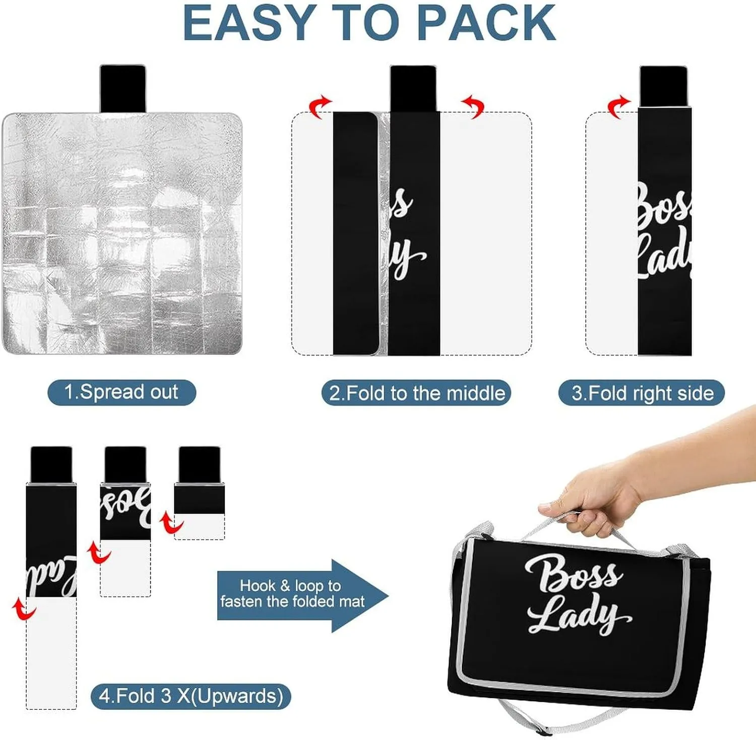Camping Outdoor Foldable Blanket, Lightweight Boss Lady White Black Picnic Mat for Park Travel Grass Beach Camping Accessories