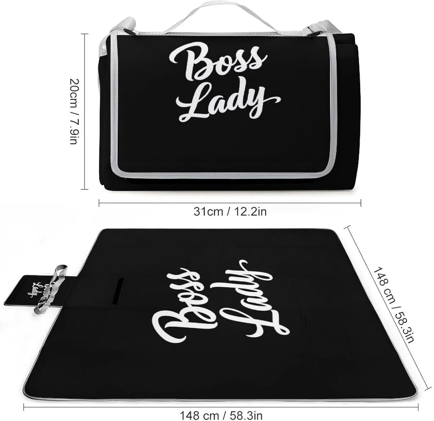 Camping Outdoor Foldable Blanket, Lightweight Boss Lady White Black Picnic Mat for Park Travel Grass Beach Camping Accessories