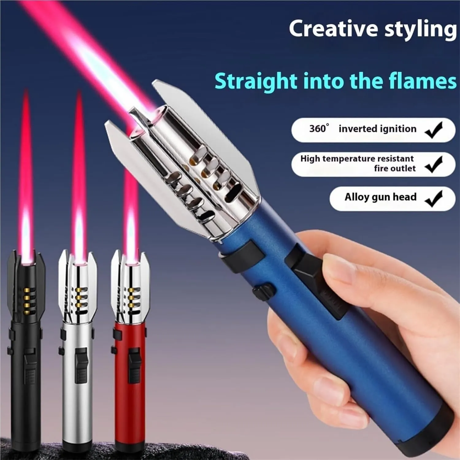 Camping outdoor windproof straight flame lighter, outdoor adventure fire-making tool, windproof butane gas large flame lighter, recyclable refill lighter, metal lighter suitable for kitchen cooking an