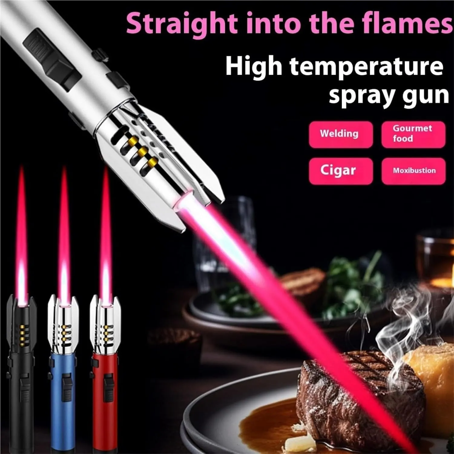 Camping outdoor windproof straight flame lighter, outdoor adventure fire-making tool, windproof butane gas large flame lighter, recyclable refill lighter, metal lighter suitable for kitchen cooking an