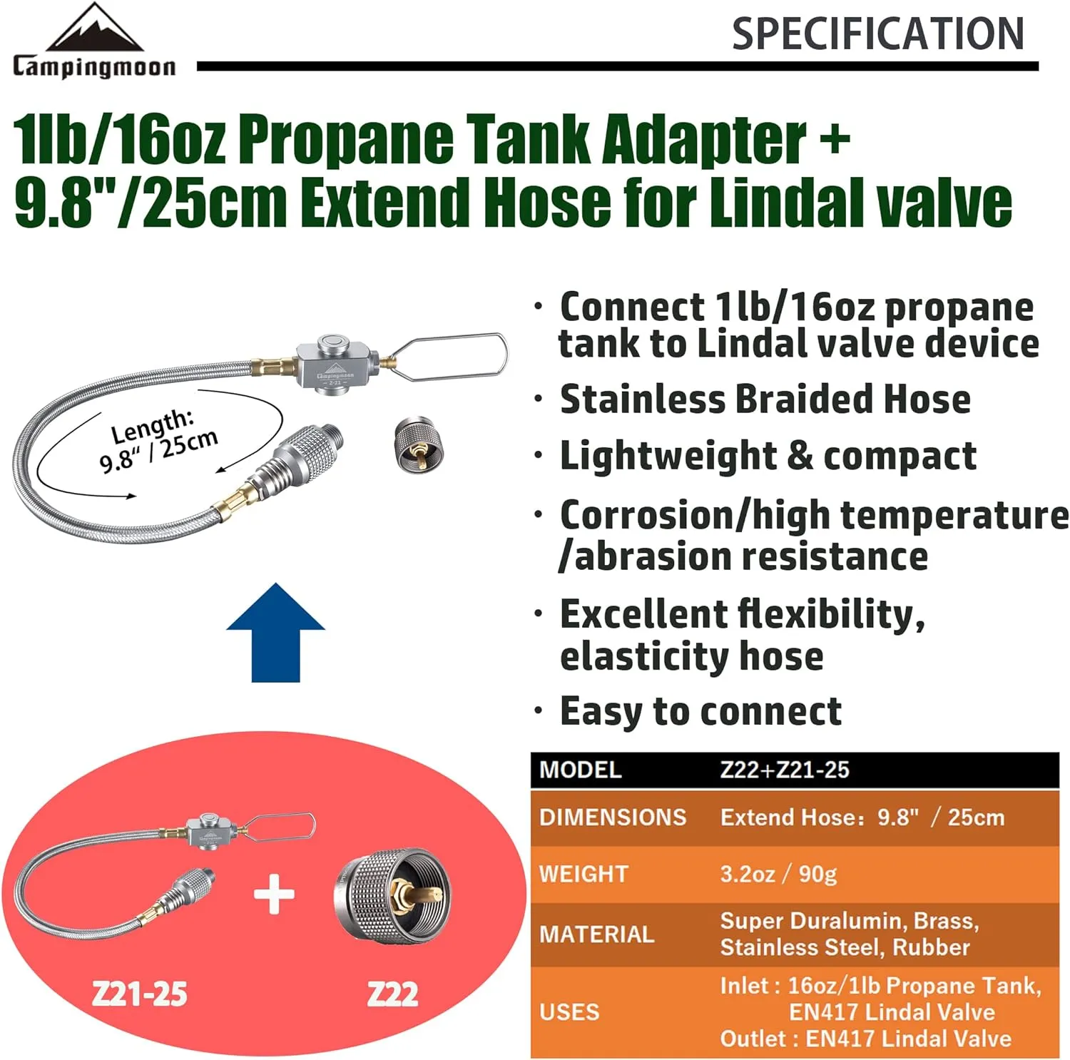 CAMPINGMOON Propane to Butane Camping Stove Adapter with Hose Valve Convert 16oz/1Lb Small Propane Tank to EN417 Lindal Valve Z22/Z21