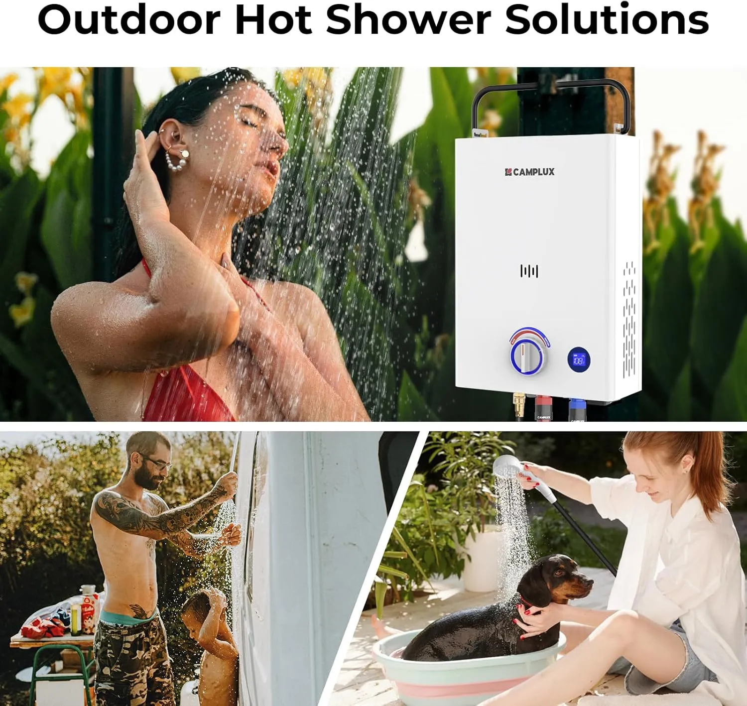 CAMPLUX First F10 Tankless Water Heater with 3-Level Adjustable & Foldable Handle, 2.64GPM, Screw-Free Design, 68,000 BTU Outdoor Portable Propane Water Heater for Camping, LED Digital Display, White