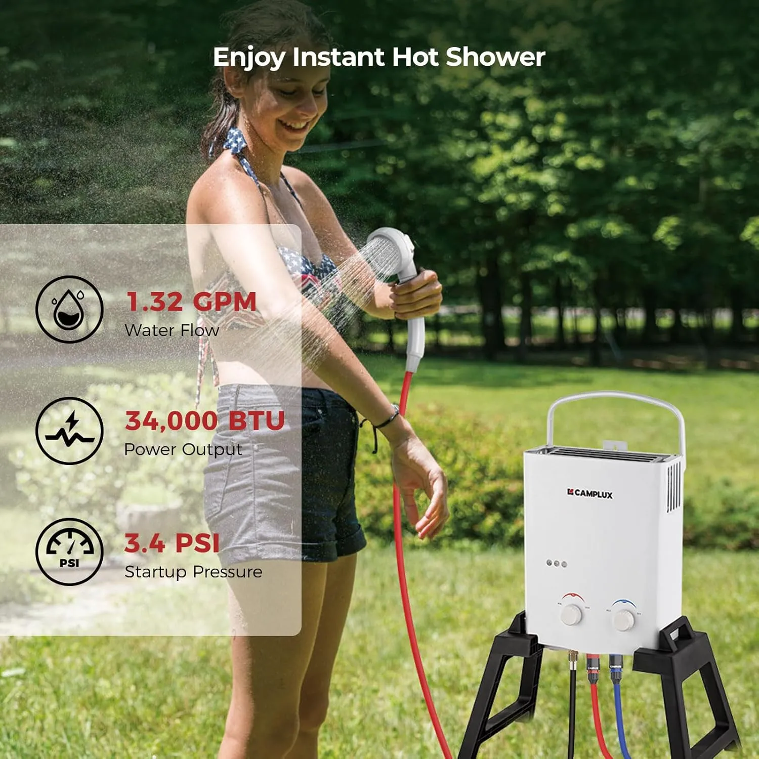 Camplux Outdoor Portable Water Heater 1.32 GPM with Freestanding Stand, Carry Bag