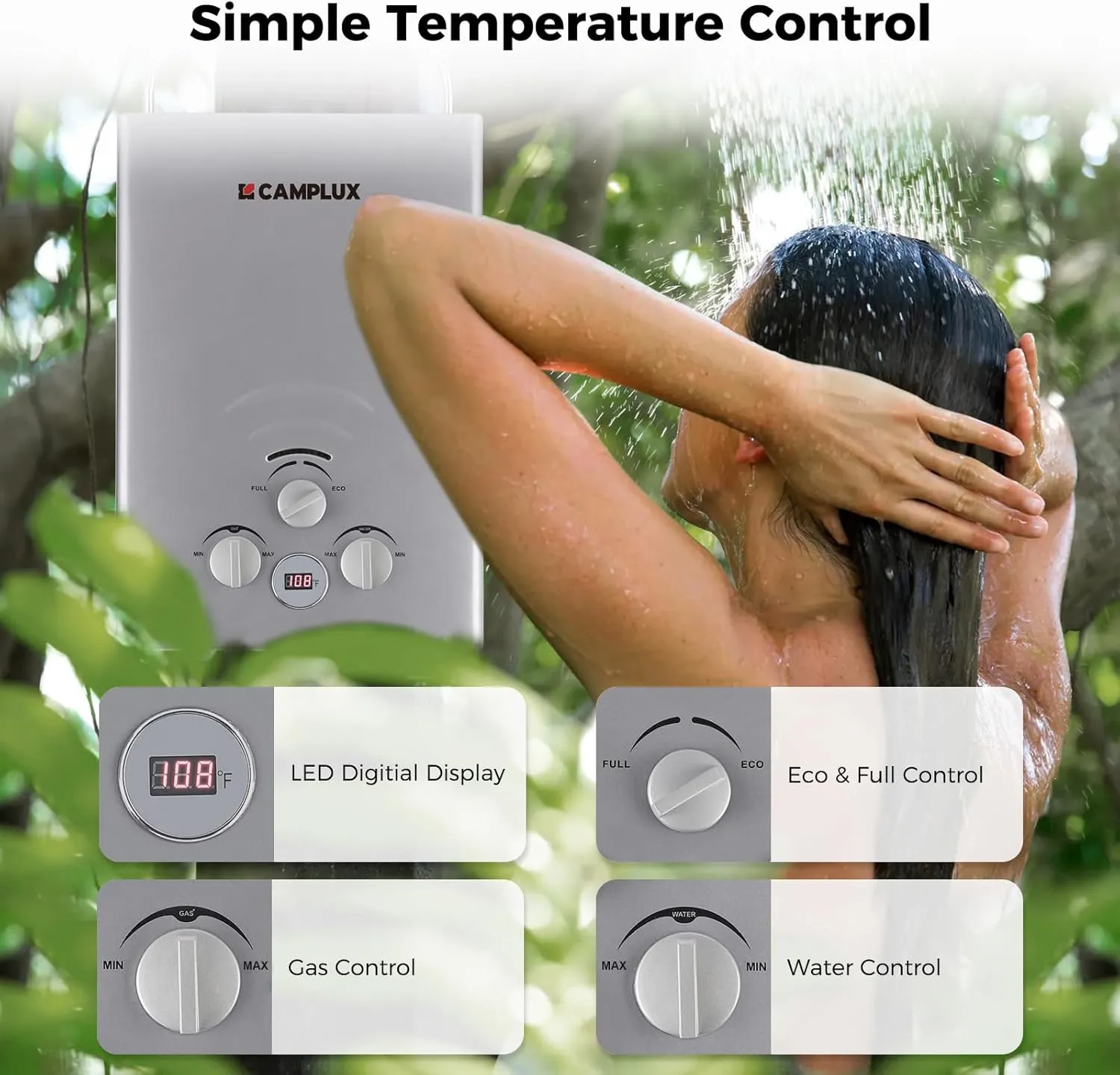 CAMPLUX Portable Water Heater 1.58 GPM, BW158G Propane Water Heater Outdoor, 41,000 BTU, Camping Shower, Easy to Install, Gray