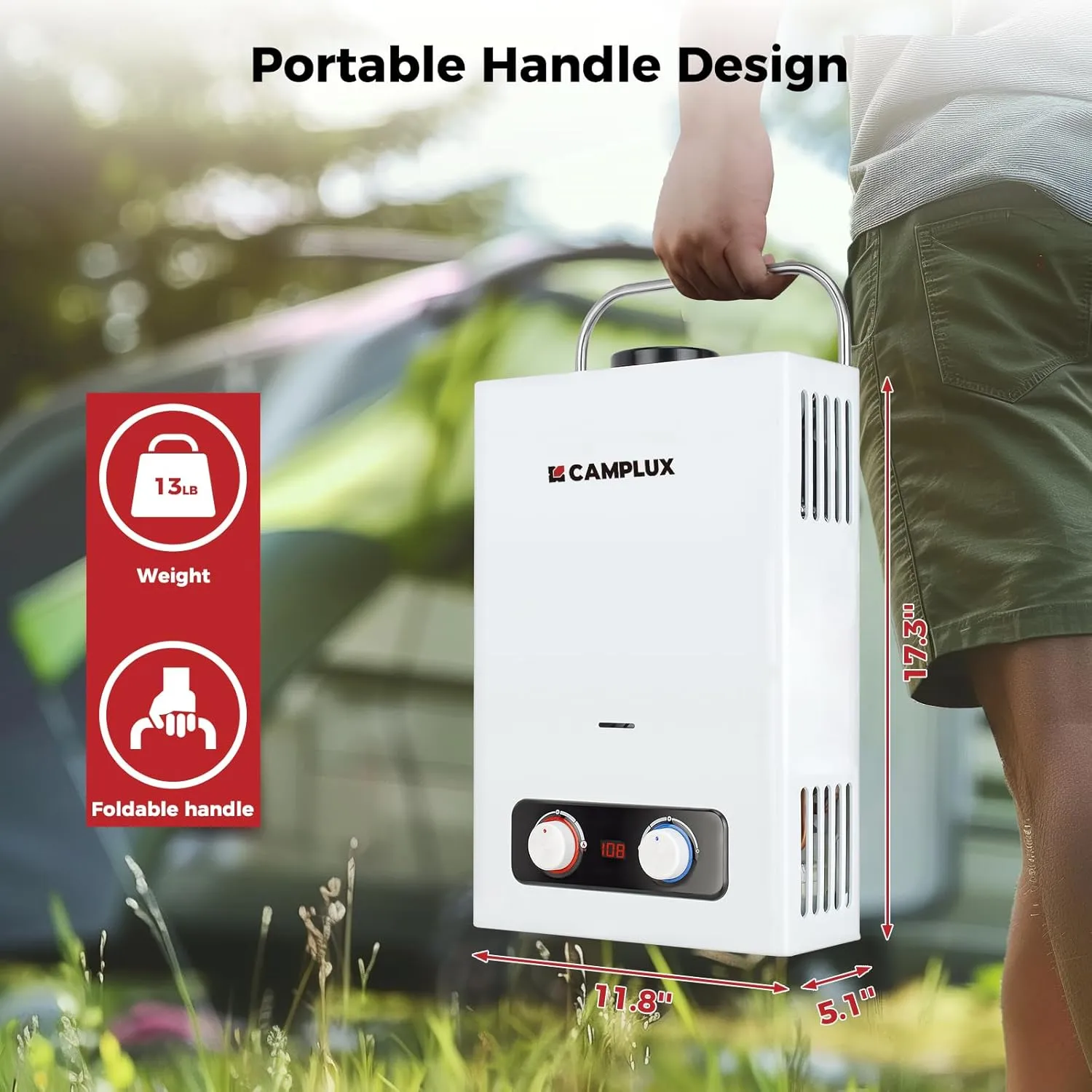 Camplux Pro 6L Portable Tankless Water Heater,Mini Sized Outdoor Propane Gas Water Heater with Portable Handle,Propane Gas Water Heater for RV,Campings,Cabins,Barns,White