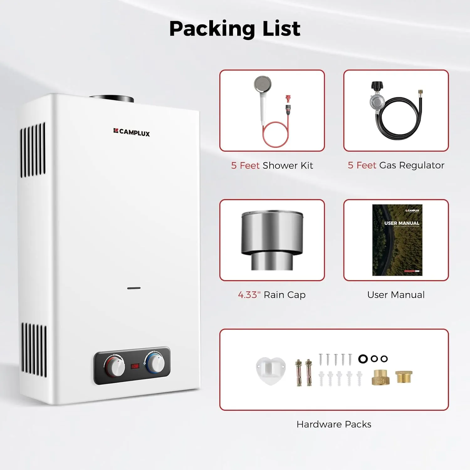 CAMPLUX Tankless Water Heater, 4.22 GPM Propane Water Heater with 4.33'' S/S Rain Cap, for Outdoor Camping Shower, Off Grid, Easy to Install & Use, Overheat Protection, 110,000 BTU, BD422C