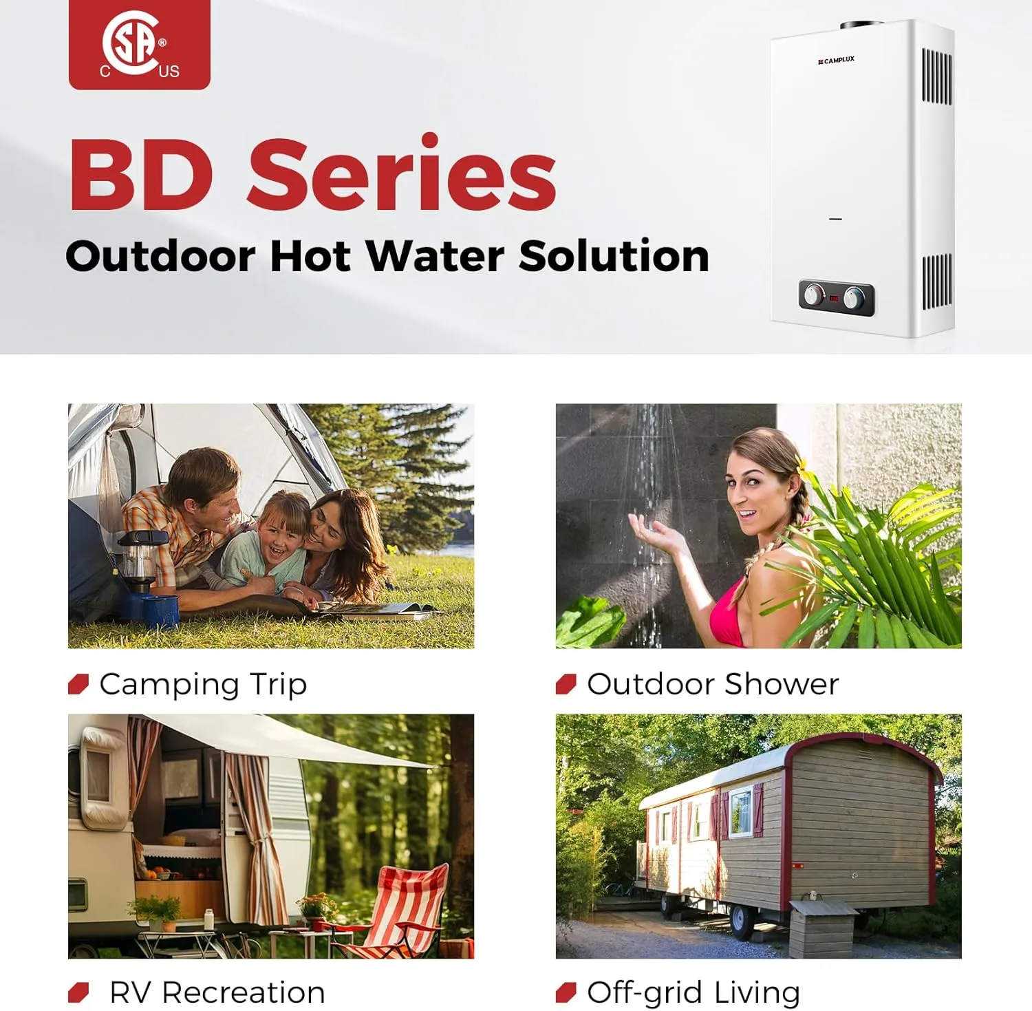 CAMPLUX Tankless Water Heater, 4.22 GPM Propane Water Heater with 4.33'' S/S Rain Cap, for Outdoor Camping Shower, Off Grid, Easy to Install & Use, Overheat Protection, 110,000 BTU, BD422C