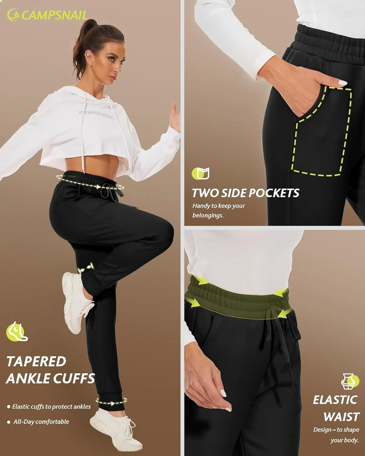 CAMPSNAIL Fleece Lined Sweatpants Women - Joggers for Women with Pockets High Waisted Thermal Winter Warm Pants for Snow