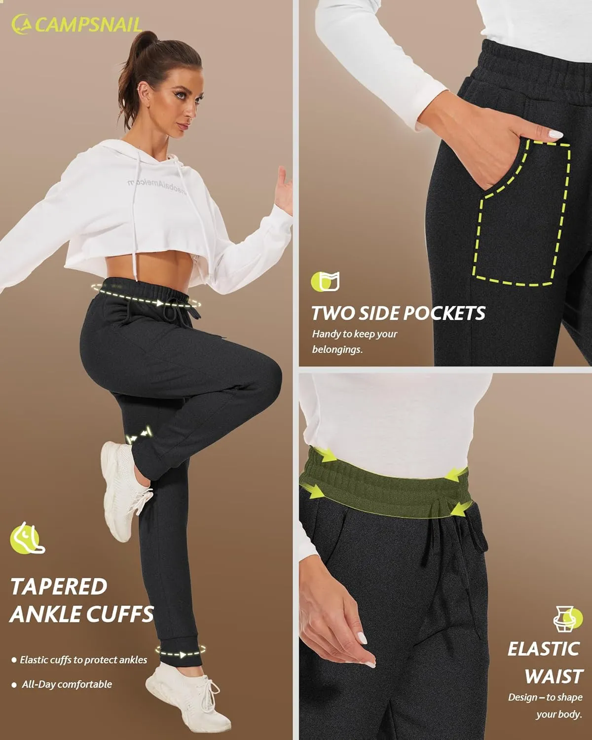 CAMPSNAIL Fleece Lined Sweatpants Women - Joggers for Women with Pockets High Waisted Thermal Winter Warm Pants for Snow