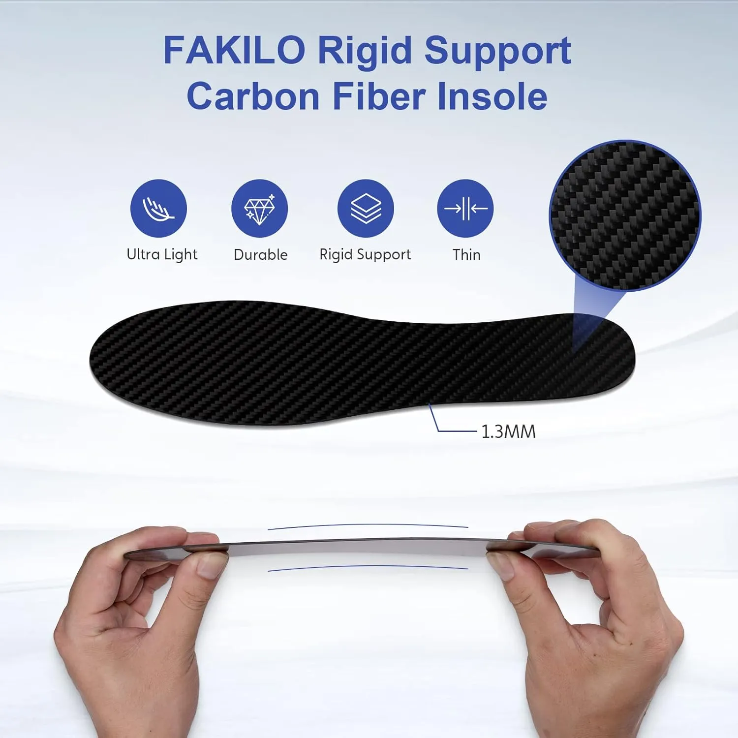Carbon Fiber Insole 1 Pair, FAKILO Carbon Fiber Insoles Shoes Insert for Women Men, Rigid Support for Hallux Rigidus, Turf Toe, Foot Fractures, Mortons Toe - 223mm