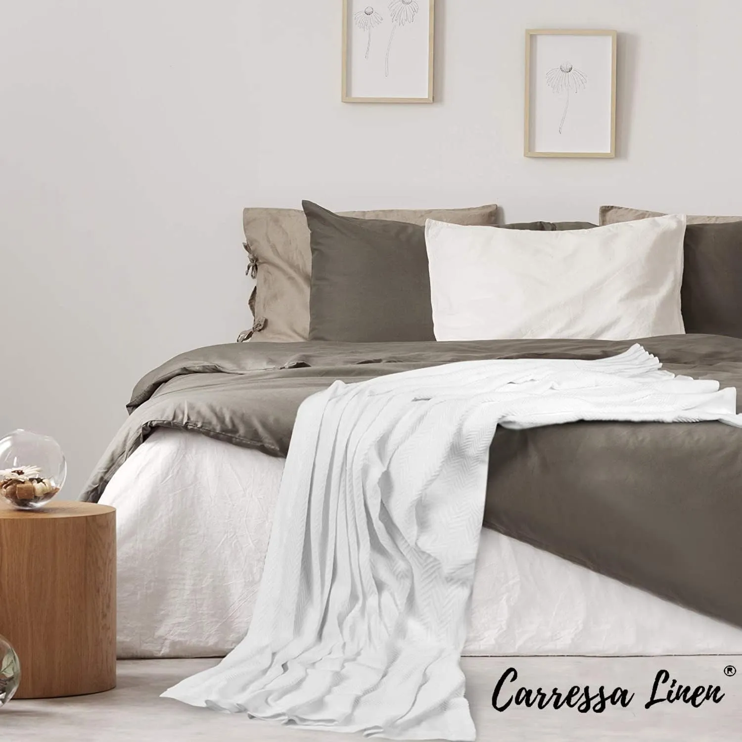 Carressa Linen Pure Cotton, Luxury King Size Deep Blue Blanket Herringbone Pattern, Lightweight, Soft & Cozy Premium Fall Throw Blanket for All Seasons, 350GSM & 106X92 with Free Cotton Pouch