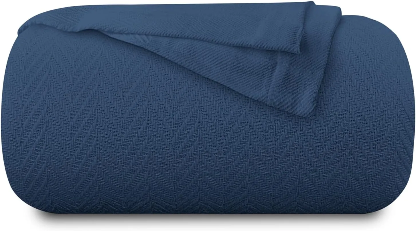 Carressa Linen Pure Cotton, Luxury King Size Deep Blue Blanket Herringbone Pattern, Lightweight, Soft & Cozy Premium Fall Throw Blanket for All Seasons, 350GSM & 106X92 with Free Cotton Pouch