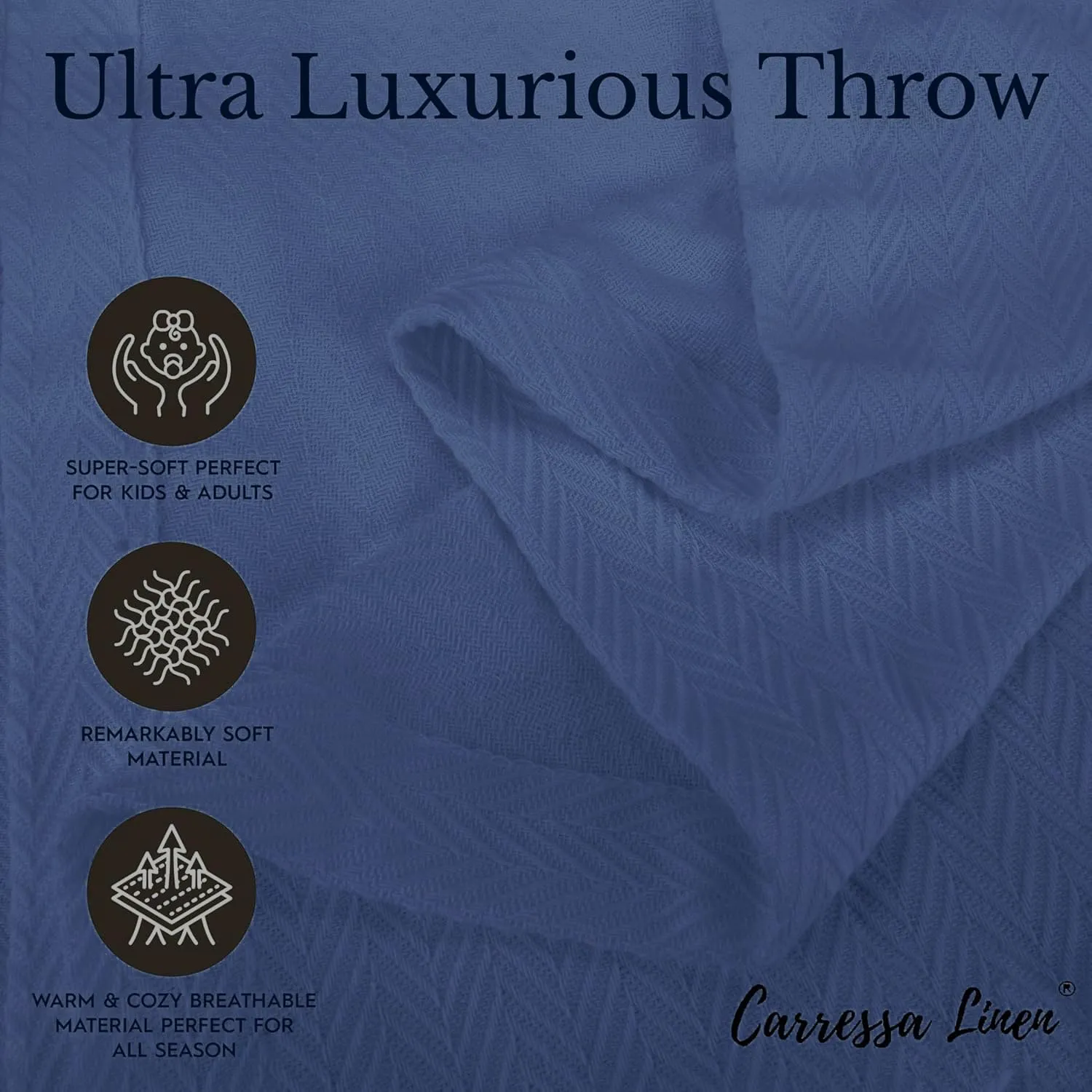 Carressa Linen Pure Cotton, Luxury King Size Deep Blue Blanket Herringbone Pattern, Lightweight, Soft & Cozy Premium Fall Throw Blanket for All Seasons, 350GSM & 106X92 with Free Cotton Pouch