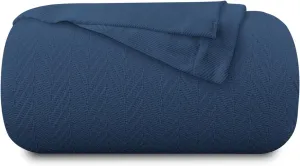 Carressa Linen Pure Cotton, Luxury King Size Deep Blue Blanket Herringbone Pattern, Lightweight, Soft & Cozy Premium Fall Throw Blanket for All Seasons, 350GSM & 106X92 with Free Cotton Pouch