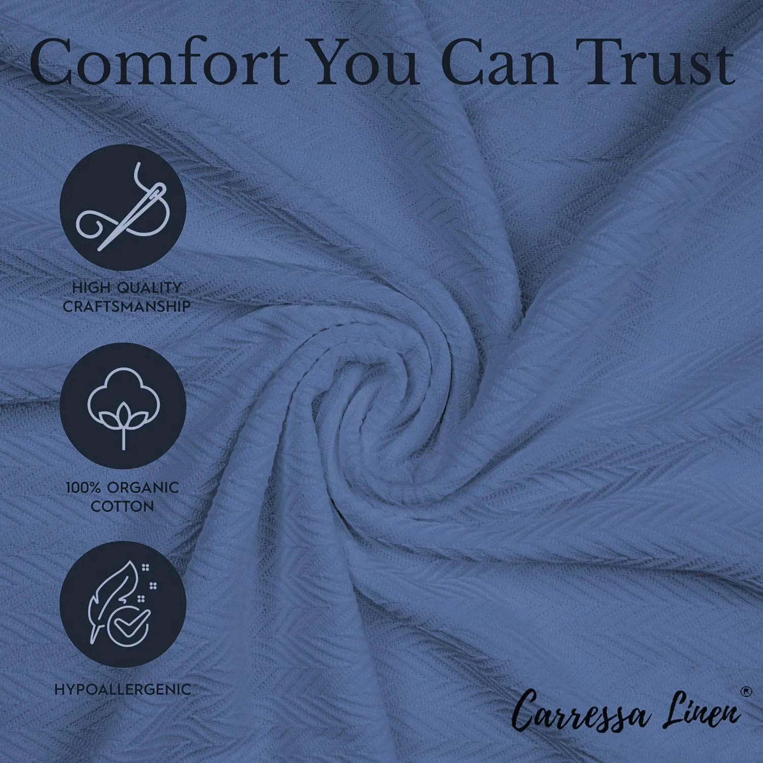 Carressa Linen Pure Cotton, Luxury King Size Deep Blue Blanket Herringbone Pattern, Lightweight, Soft & Cozy Premium Fall Throw Blanket for All Seasons, 350GSM & 106X92 with Free Cotton Pouch