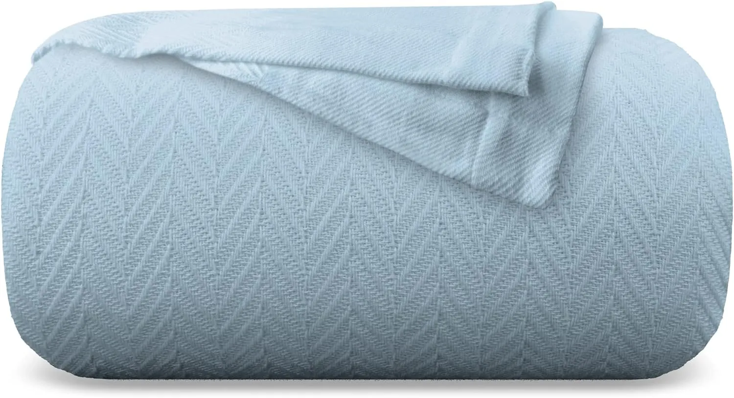 Carressa Linen Pure Cotton, Luxury King Size Light Blue Blanket Herringbone Pattern, Lightweight, Soft & Cozy Premium Fall Bed Throw Blanket for All Seasons, 350GSM & 106X92 with Free Cotton Pouch