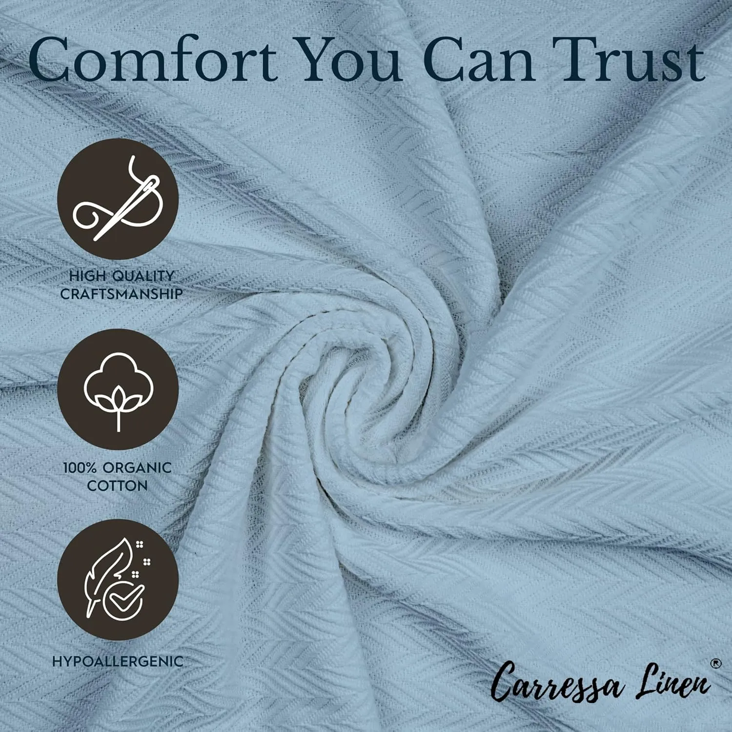 Carressa Linen Pure Cotton, Luxury King Size Light Blue Blanket Herringbone Pattern, Lightweight, Soft & Cozy Premium Fall Bed Throw Blanket for All Seasons, 350GSM & 106X92 with Free Cotton Pouch