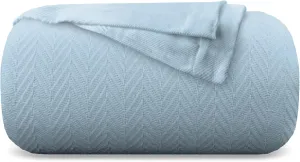 Carressa Linen Pure Cotton, Luxury King Size Light Blue Blanket Herringbone Pattern, Lightweight, Soft & Cozy Premium Fall Bed Throw Blanket for All Seasons, 350GSM & 106X92 with Free Cotton Pouch