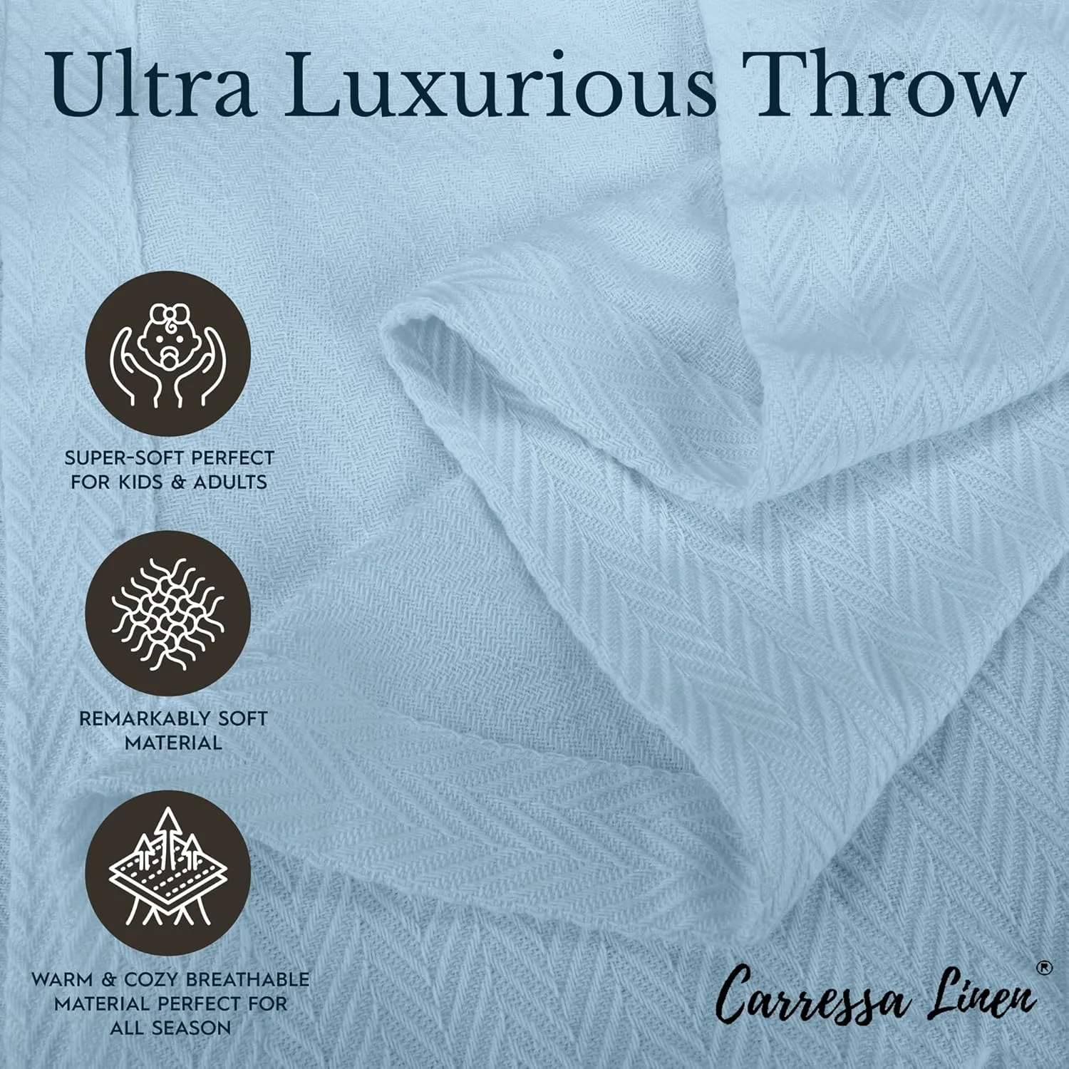 Carressa Linen Pure Cotton, Luxury King Size Light Blue Blanket Herringbone Pattern, Lightweight, Soft & Cozy Premium Fall Bed Throw Blanket for All Seasons, 350GSM & 106X92 with Free Cotton Pouch