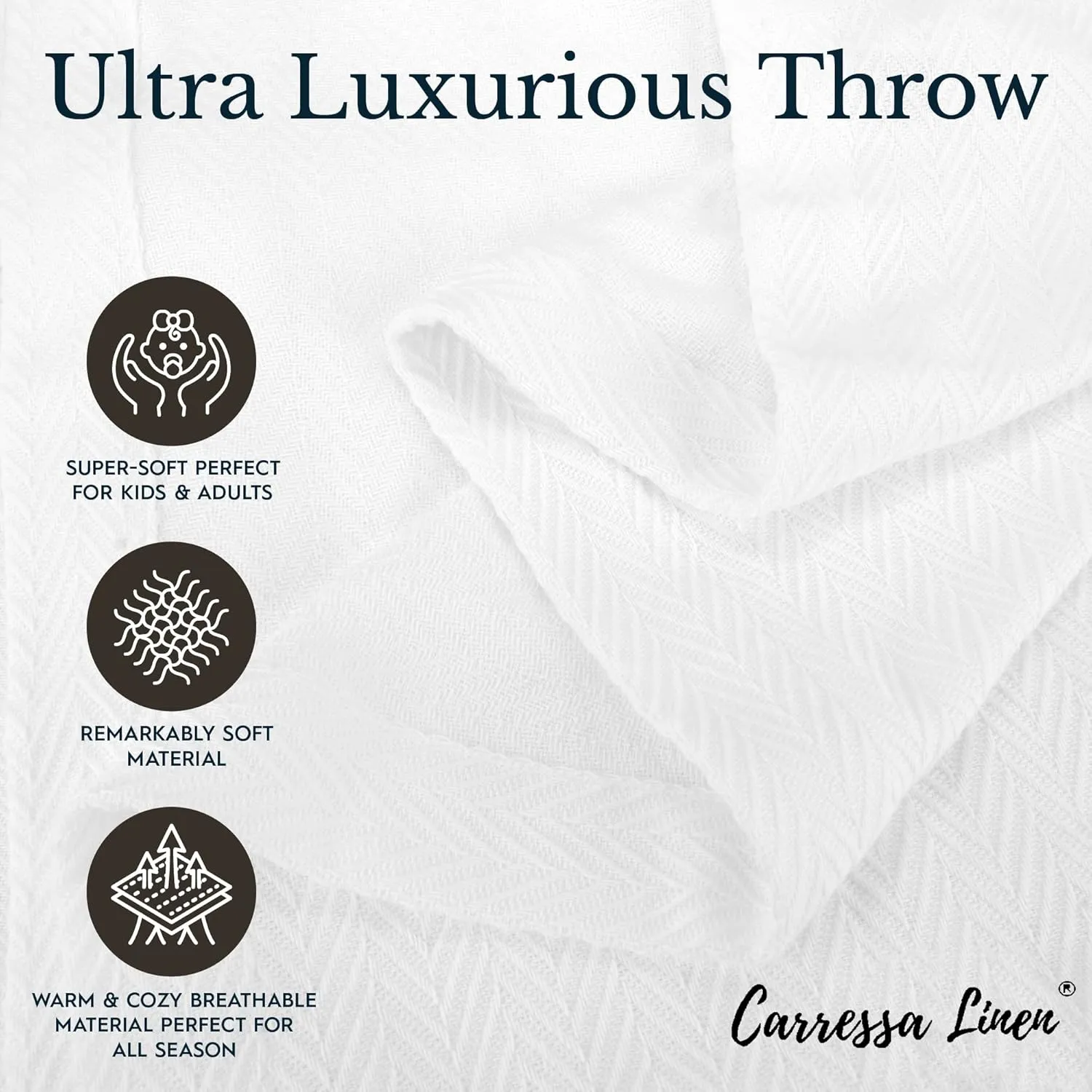 Carressa Linen Pure Cotton, Luxury King Size Soft White Blanket Herringbone Pattern, Lightweight, Soft & Cozy Premium Fall Bed Throw Blanket for All Seasons, 350GSM & 106X92 with Free Cotton Pouch