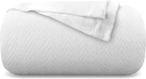 Carressa Linen Pure Cotton, Luxury King Size Soft White Blanket Herringbone Pattern, Lightweight, Soft & Cozy Premium Fall Bed Throw Blanket for All Seasons, 350GSM & 106X92 with Free Cotton Pouch