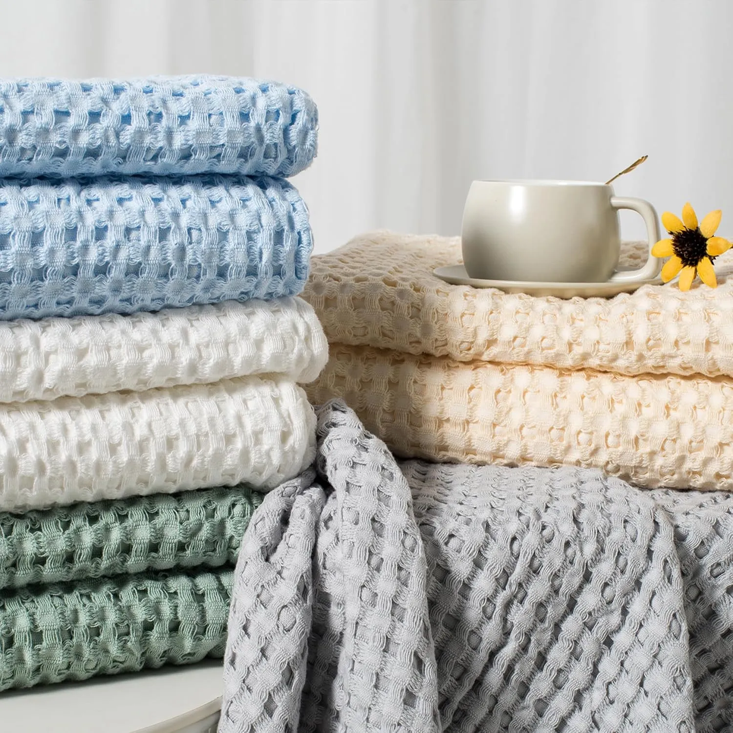 Carriediosa 100% Cotton Waffle Weave Blanket 400GSM Breathable Thermal Blankets for Bed Couch Sofa Soft and Cozy Throws for All Season Home Decor, 50"X 60" Light Yellow