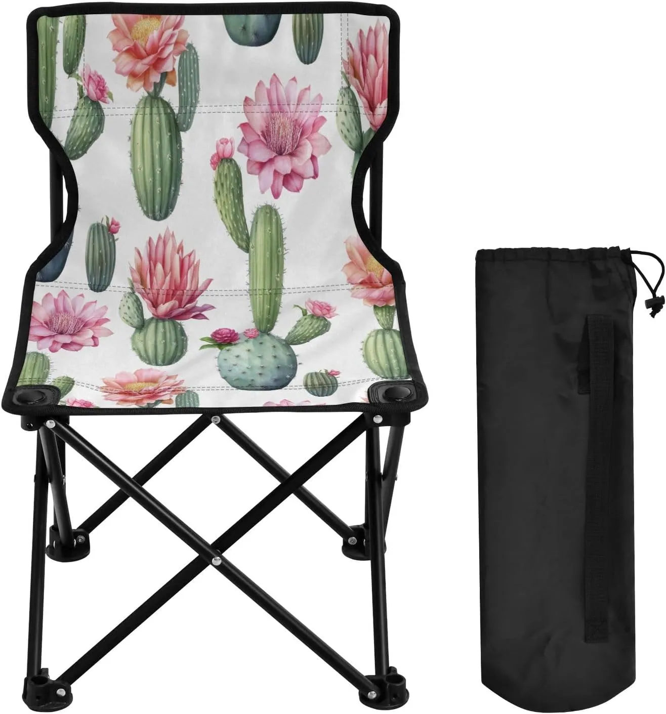Cartoon Cactus Portable Outdoor Folding Chair Anti-Slip Padded Oxford Cloth Stool Camping Chair Small for Beach Hiking Fishing Gardening Quad Camp Chair