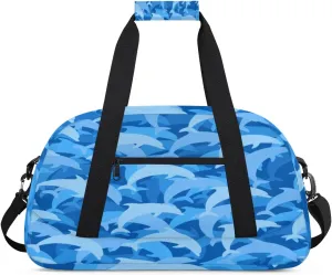 Cartoon Dolphins Gym Duffel Bag for Men Women Camouflage Blue Sports Tote Bag with Adjustable Shoulder Strap for Dance Gymnastics Traveling Outdoor Camping Overnight Stay