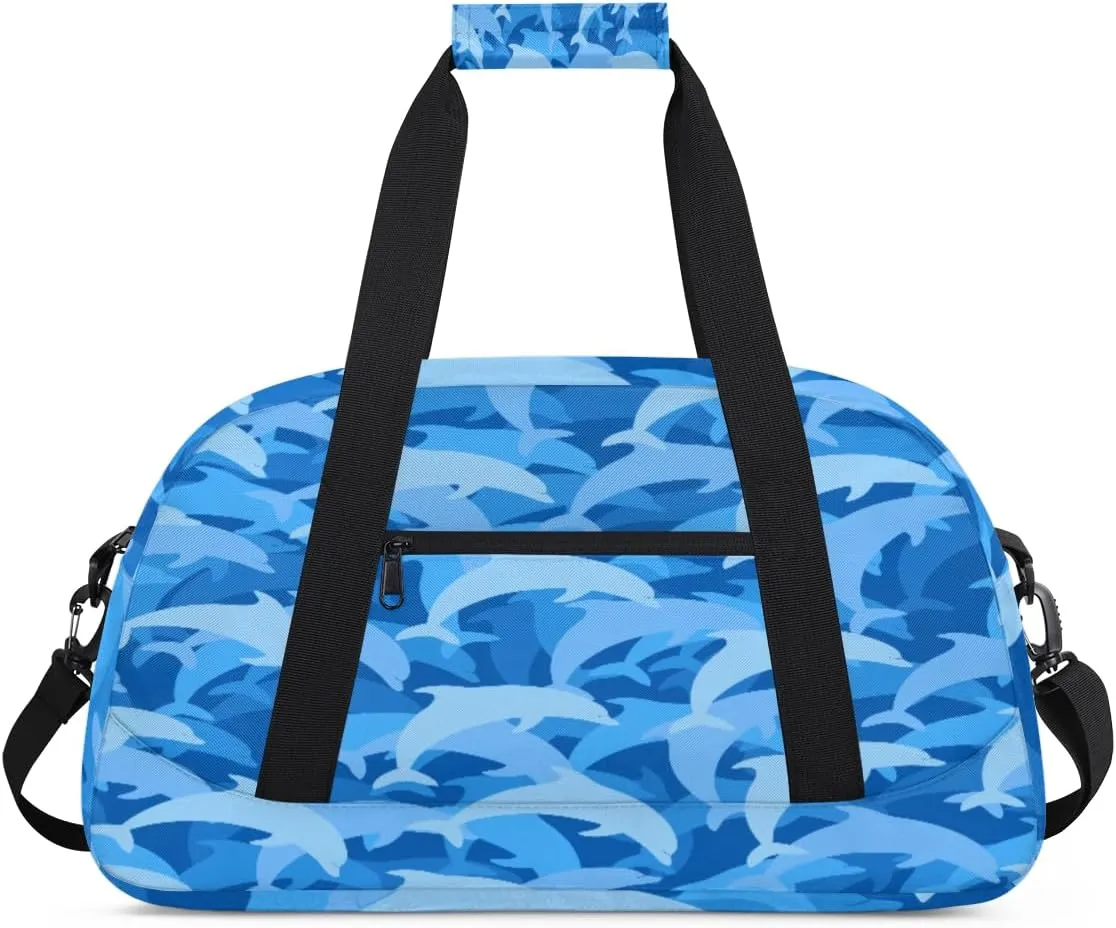 Cartoon Dolphins Gym Duffel Bag for Men Women Camouflage Blue Sports Tote Bag with Adjustable Shoulder Strap for Dance Gymnastics Traveling Outdoor Camping Overnight Stay