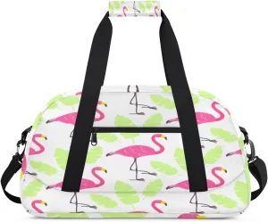 Cartoon Flamingo Gym Duffel Bag for Men Women Palm Leaves Sports Tote Bag with Adjustable Shoulder Strap for Dance Gymnastics Traveling Outdoor Camping Overnight Stay