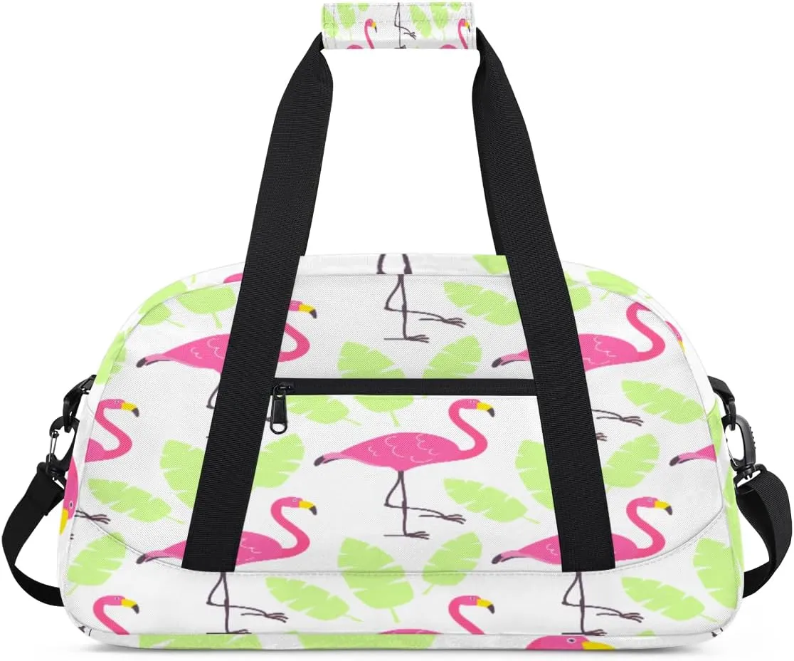 Cartoon Flamingo Gym Duffel Bag for Men Women Palm Leaves Sports Tote Bag with Adjustable Shoulder Strap for Dance Gymnastics Traveling Outdoor Camping Overnight Stay
